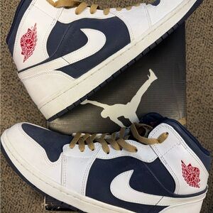 Jordan 1 Phat Mid Olympic Sneakers White Navy with Red Wings Logo